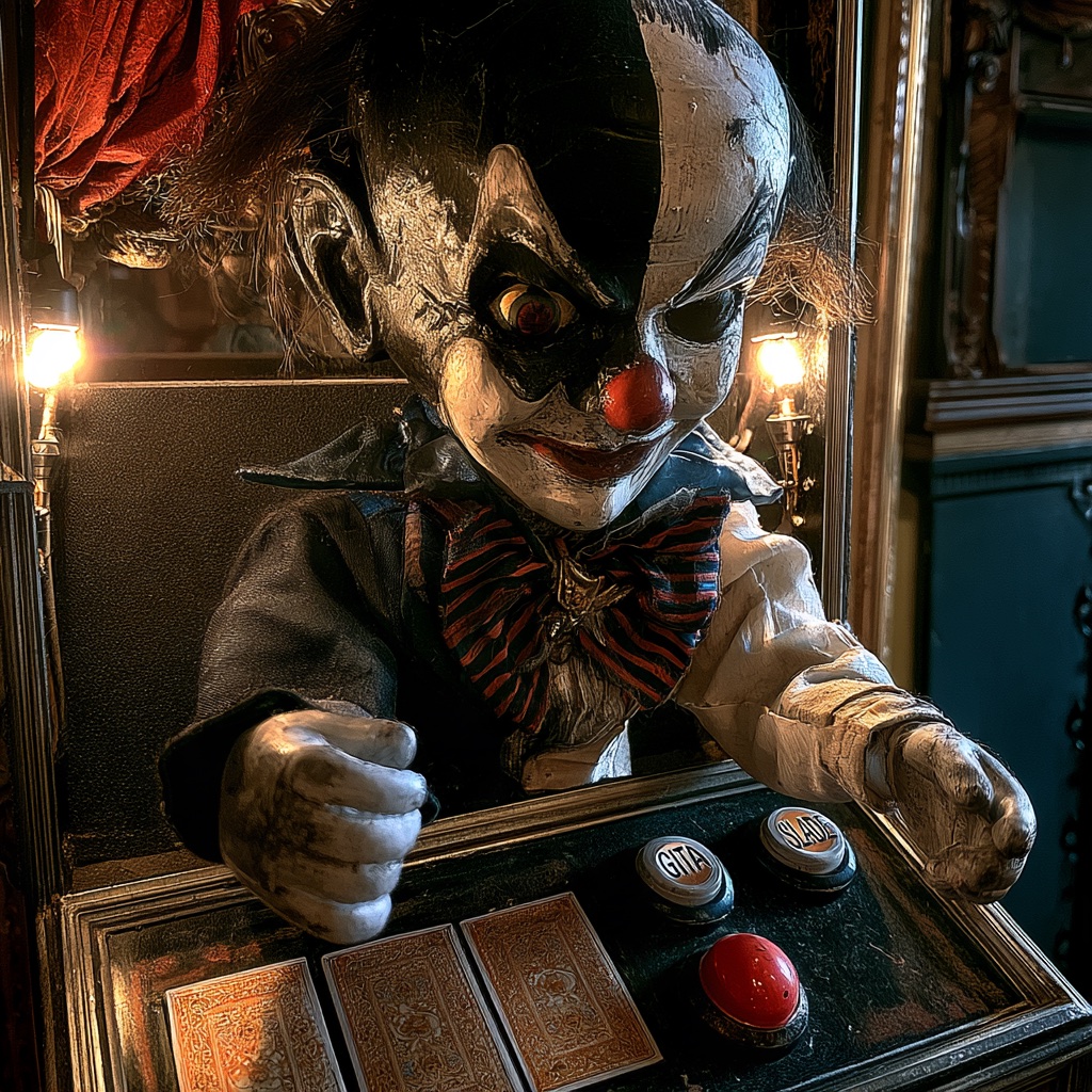 The fortune machine: a clown doll behind glass, a GITA button, a SLADE button and a red button, three cards face down.